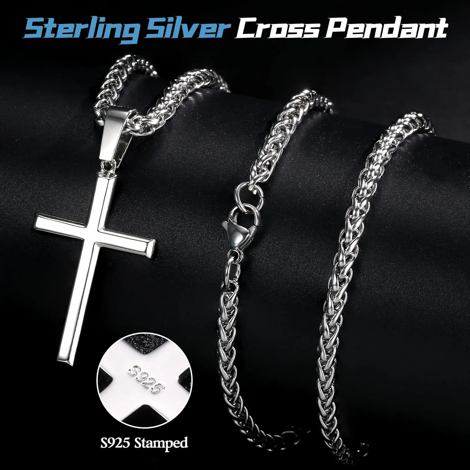 IRONBOX 925 Sterling Silver Cross Necklace for Men Women with 3MM Stainless Steel Strong Durable Wheat Chain 18K White Gold Plated Crucifix Pendant Necklace Jewelry 16-30 Inches