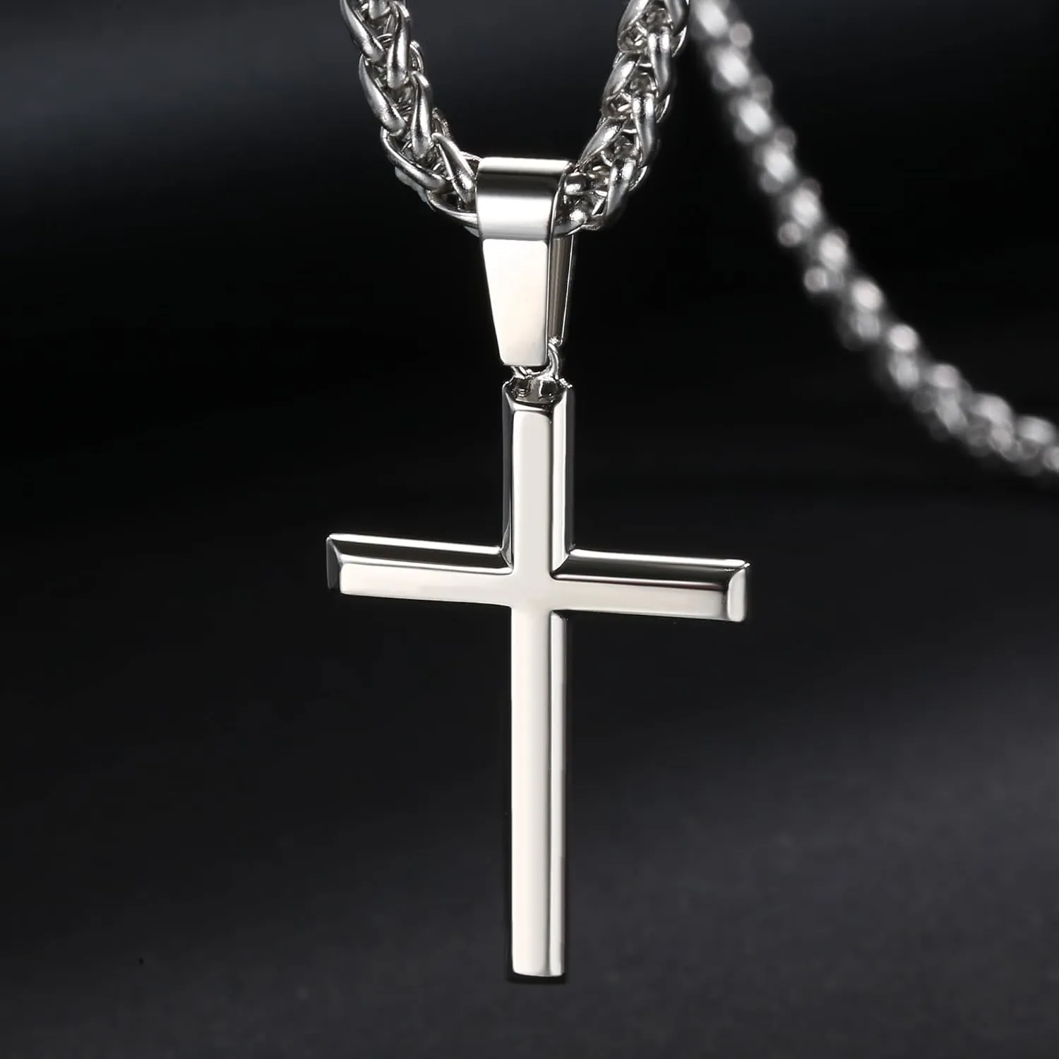 IRONBOX 925 Sterling Silver Cross Necklace for Men Women with 3MM Stainless Steel Strong Durable Wheat Chain 18K White Gold Plated Crucifix Pendant Necklace Jewelry 16-30 Inches