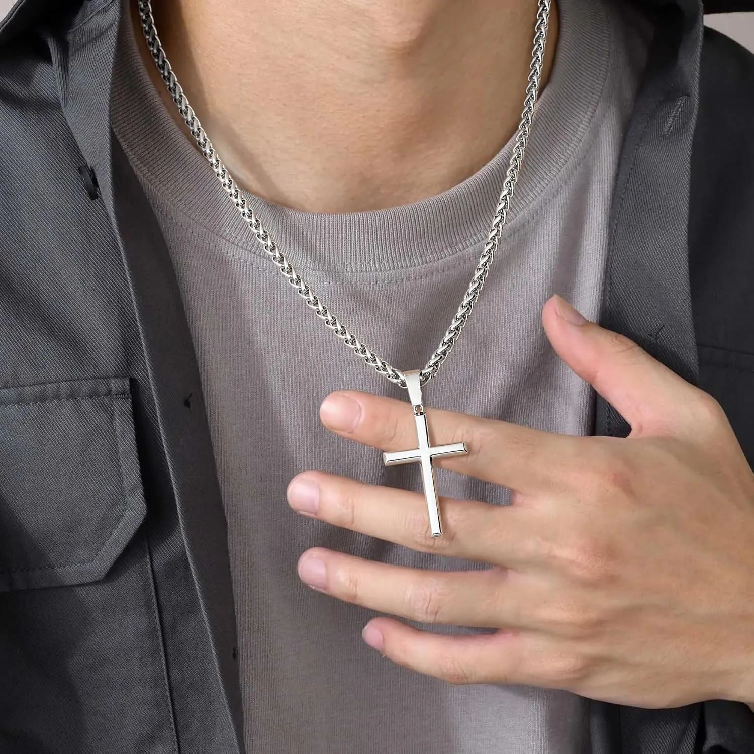 IRONBOX 925 Sterling Silver Cross Necklace for Men Women with 3MM Stainless Steel Strong Durable Wheat Chain 18K White Gold Plated Crucifix Pendant Necklace Jewelry 16-30 Inches