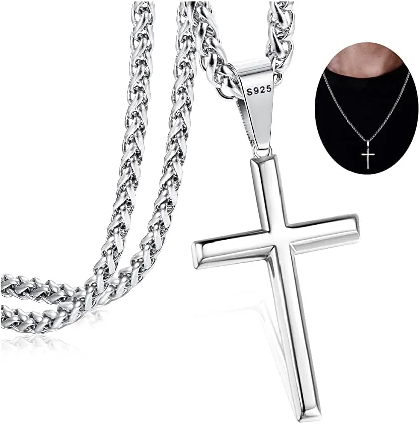 IRONBOX 925 Sterling Silver Cross Necklace for Men Women with 3MM Stainless Steel Strong Durable Wheat Chain 18K White Gold Plated Crucifix Pendant Necklace Jewelry 16-30 Inches