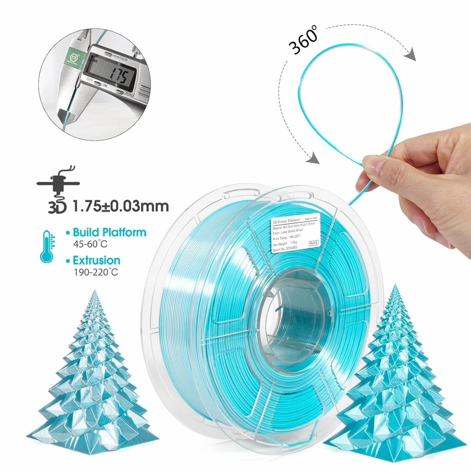 iSANMATE 3D Printer Filament, PLA Filament 1.75mm Dual Color Filament, Shiny Silk PLA Coextruded Filament, 1 kg/Spool (Lake Green and Silver)