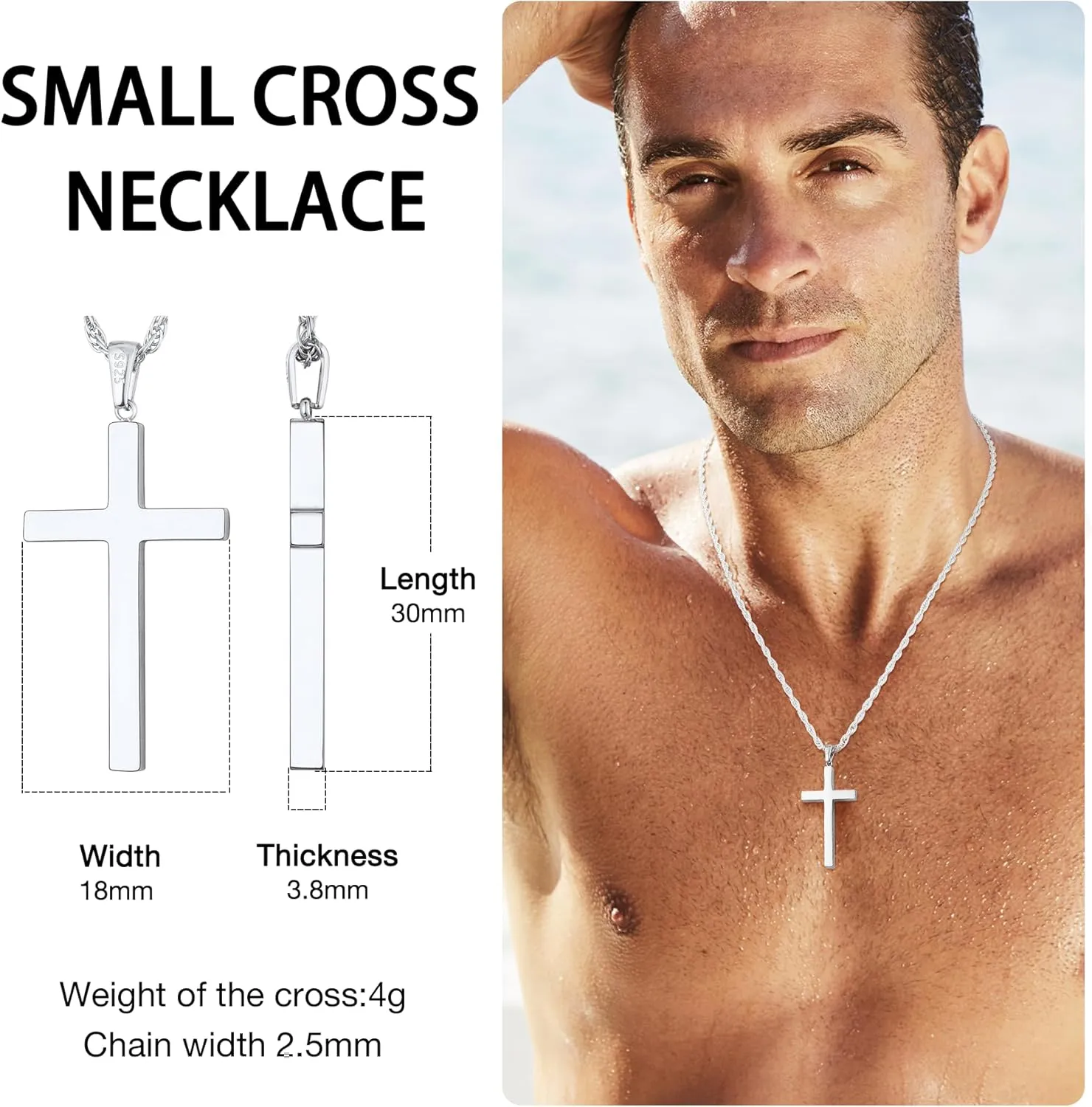 Italian 925 Sterling Silver Cross Necklace for Men, 18k Gold Over Real Silver Cross Necklace with 2.5mm Top Craftsmanship Rope Chain for Men Boys Women, Sturdy Shiny Non Tarnish 16-26 Inch