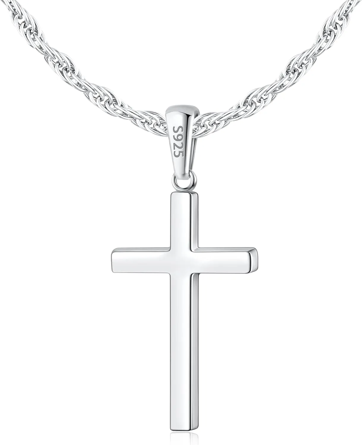 Italian 925 Sterling Silver Cross Necklace for Men, 18k Gold Over Real Silver Cross Necklace with 2.5mm Top Craftsmanship Rope Chain for Men Boys Women, Sturdy Shiny Non Tarnish 16-26 Inch