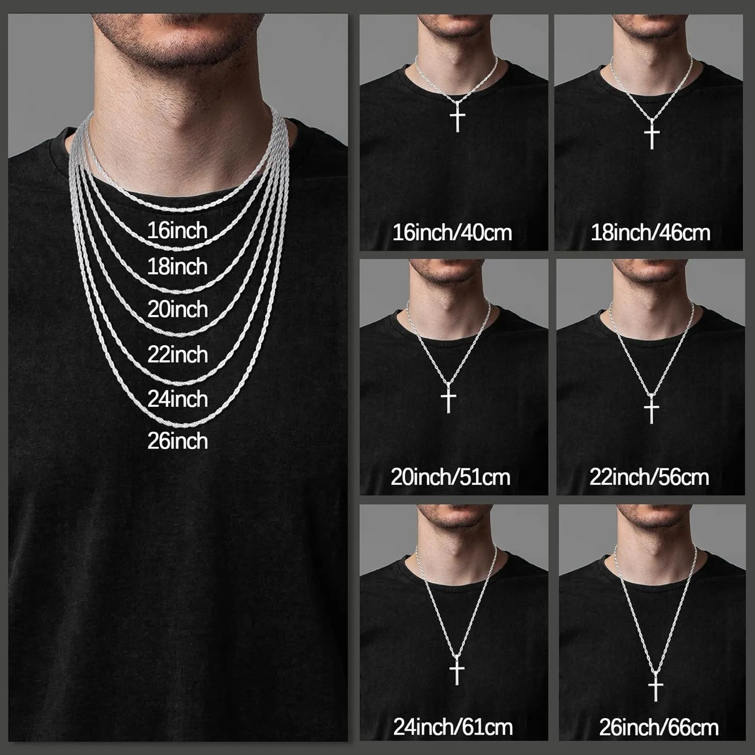 Italian 925 Sterling Silver Cross Necklace for Men, 18k Gold Over Real Silver Cross Necklace with 2.5mm Top Craftsmanship Rope Chain for Men Boys Women, Sturdy Shiny Non Tarnish 16-26 Inch