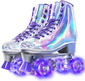 JajaHoho Roller Skates for Women, Holographic High Top PU Leather Rollerskates, Shiny Double-Row Four Wheels Quad Skates for Girls and Age 8-50 Indoor Outdoor (Silver Purple)