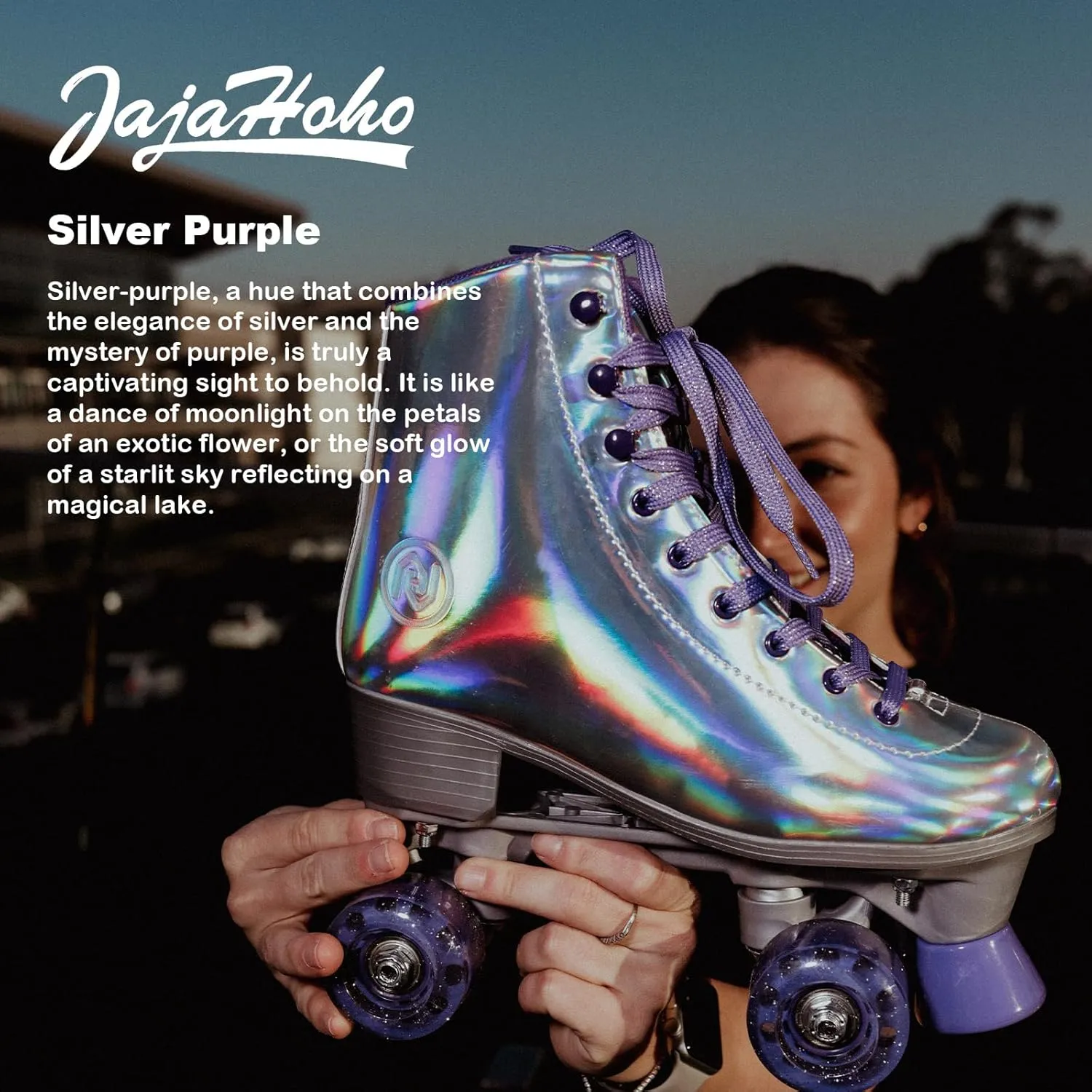 JajaHoho Roller Skates for Women, Holographic High Top PU Leather Rollerskates, Shiny Double-Row Four Wheels Quad Skates for Girls and Age 8-50 Indoor Outdoor (Silver Purple)