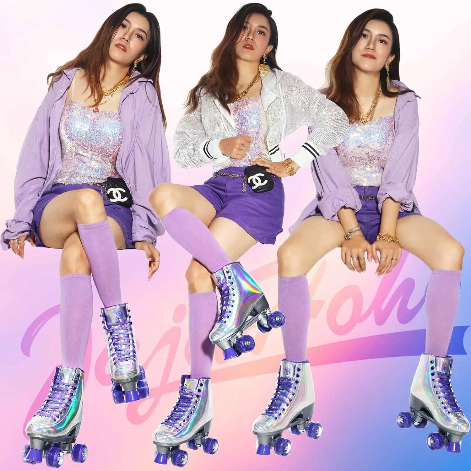 JajaHoho Roller Skates for Women, Holographic High Top PU Leather Rollerskates, Shiny Double-Row Four Wheels Quad Skates for Girls and Age 8-50 Indoor Outdoor (Silver Purple)