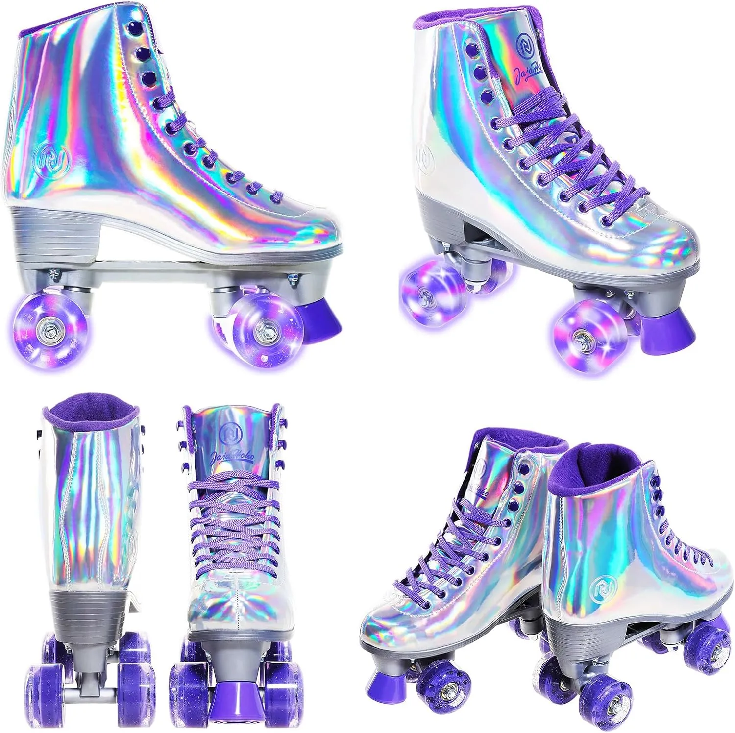 JajaHoho Roller Skates for Women, Holographic High Top PU Leather Rollerskates, Shiny Double-Row Four Wheels Quad Skates for Girls and Age 8-50 Indoor Outdoor (Silver Purple)