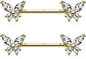 Jewseen 14K Solid Gold Nipple Rings 2Pcs Nipple Barbell 14G Nipple Piercing Butterfly Nipple Jewelry for Women Men