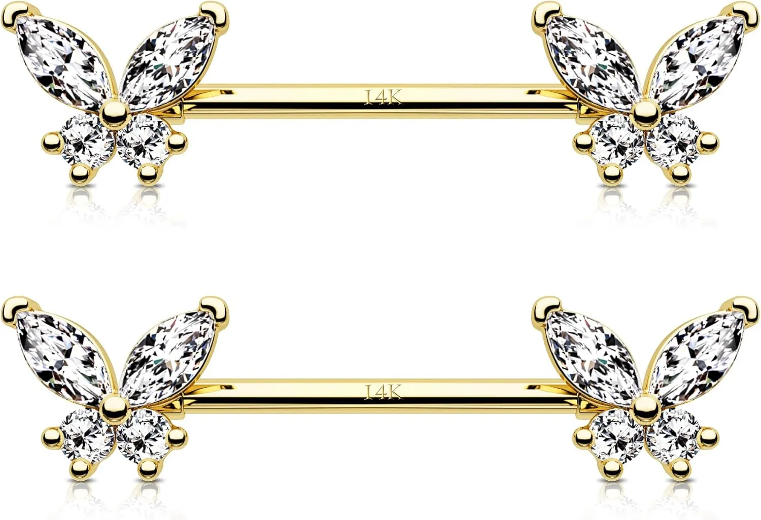 Jewseen 14K Solid Gold Nipple Rings 2Pcs Nipple Barbell 14G Nipple Piercing Butterfly Nipple Jewelry for Women Men