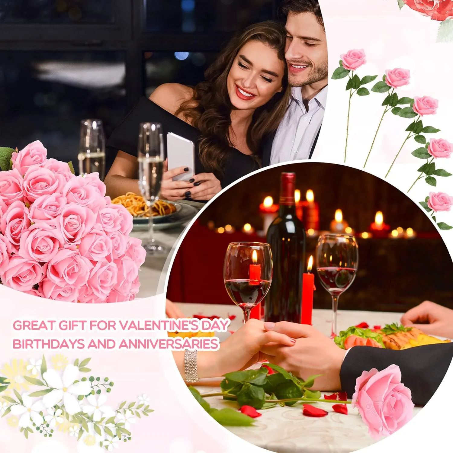 Jexine 100 Pieces Artificial Roses Flowers Bulk, Long Stem Realistic Fake Silk Roses Bouquet for Table Centerpiece Vases Wedding Party Home Kitchen Decor (Pink)
