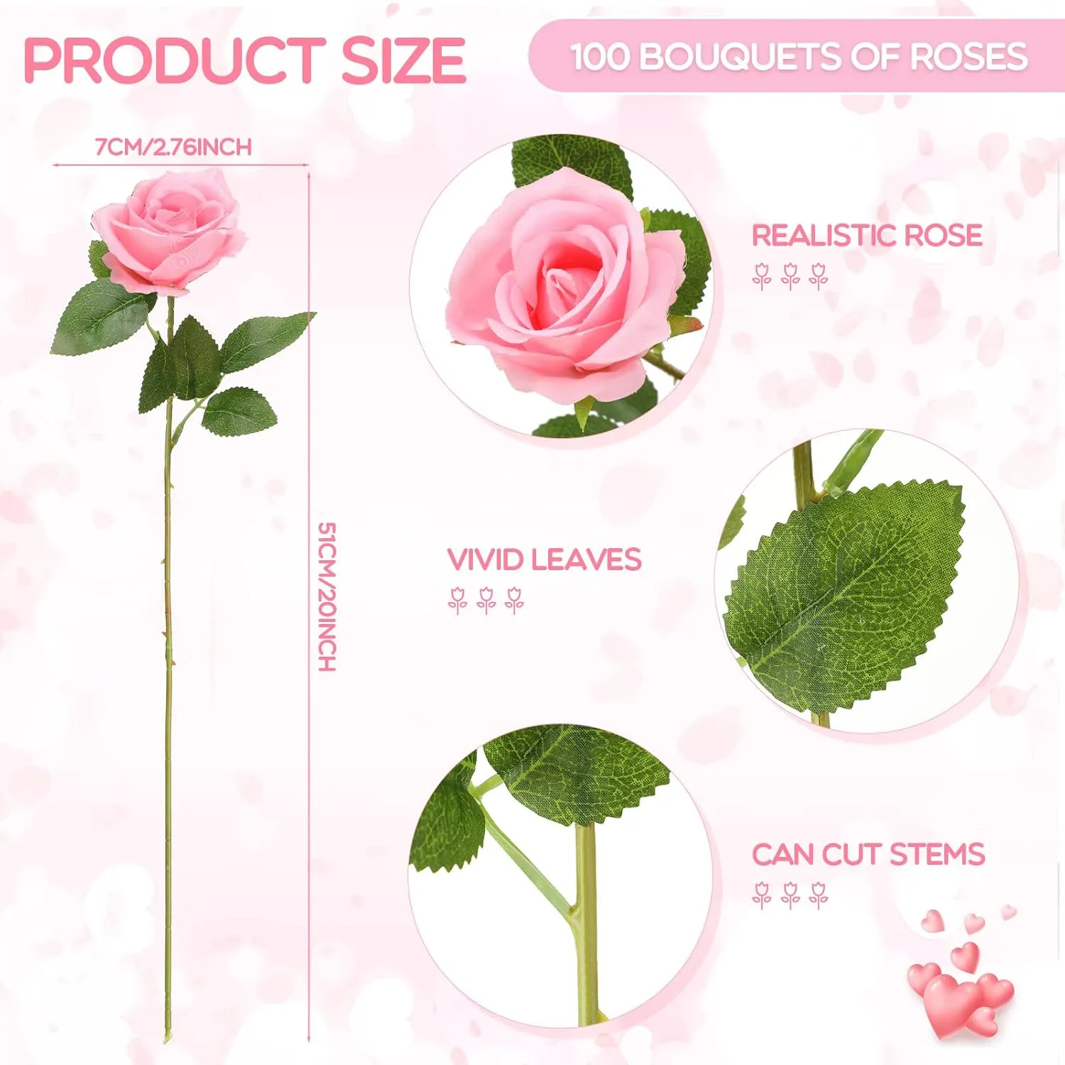 Jexine 100 Pieces Artificial Roses Flowers Bulk, Long Stem Realistic Fake Silk Roses Bouquet for Table Centerpiece Vases Wedding Party Home Kitchen Decor (Pink)