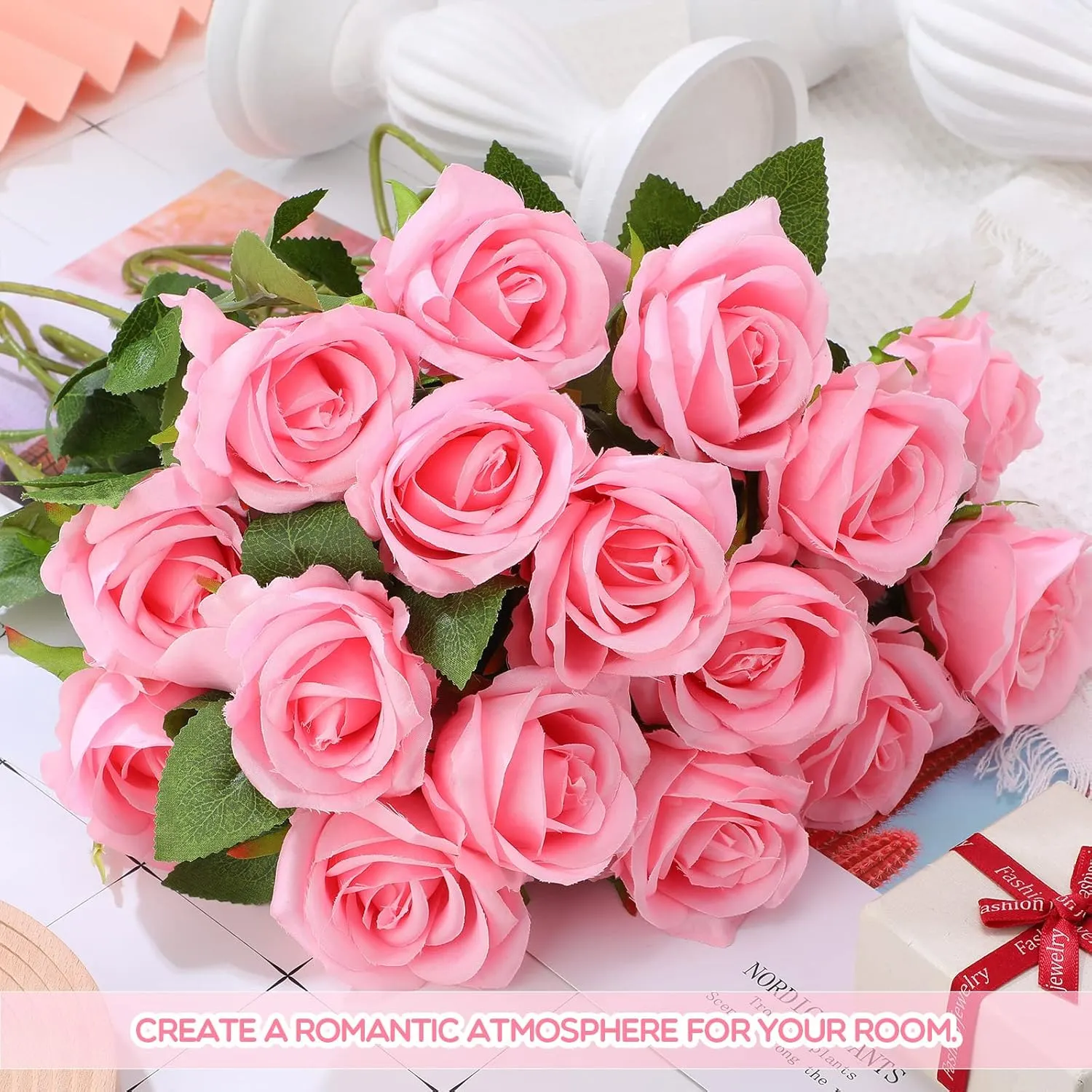 Jexine 100 Pieces Artificial Roses Flowers Bulk, Long Stem Realistic Fake Silk Roses Bouquet for Table Centerpiece Vases Wedding Party Home Kitchen Decor (Pink)
