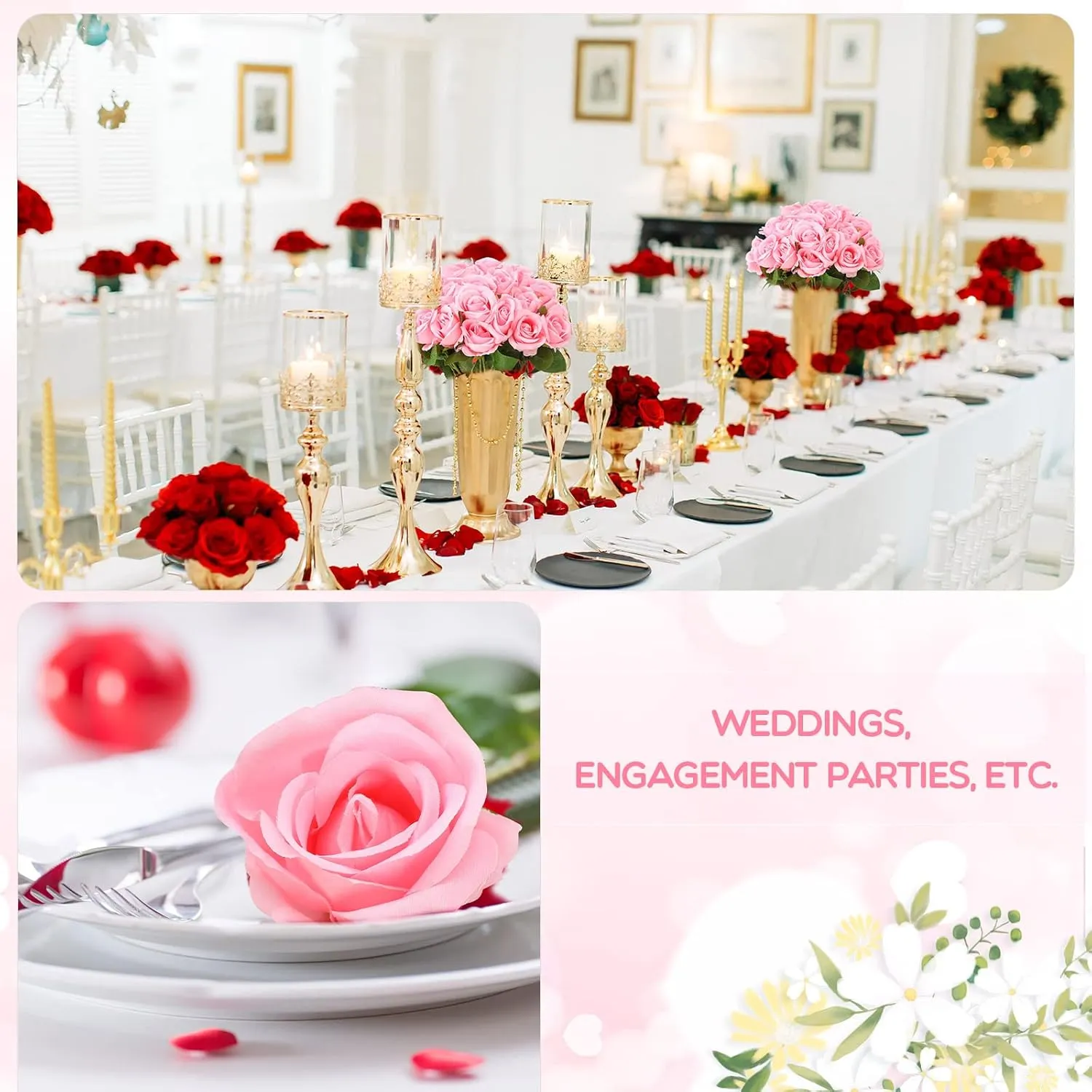 Jexine 100 Pieces Artificial Roses Flowers Bulk, Long Stem Realistic Fake Silk Roses Bouquet for Table Centerpiece Vases Wedding Party Home Kitchen Decor (Pink)