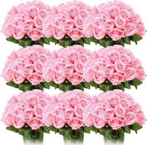 Jexine 100 Pieces Artificial Roses Flowers Bulk, Long Stem Realistic Fake Silk Roses Bouquet for Table Centerpiece Vases Wedding Party Home Kitchen Decor (Pink)