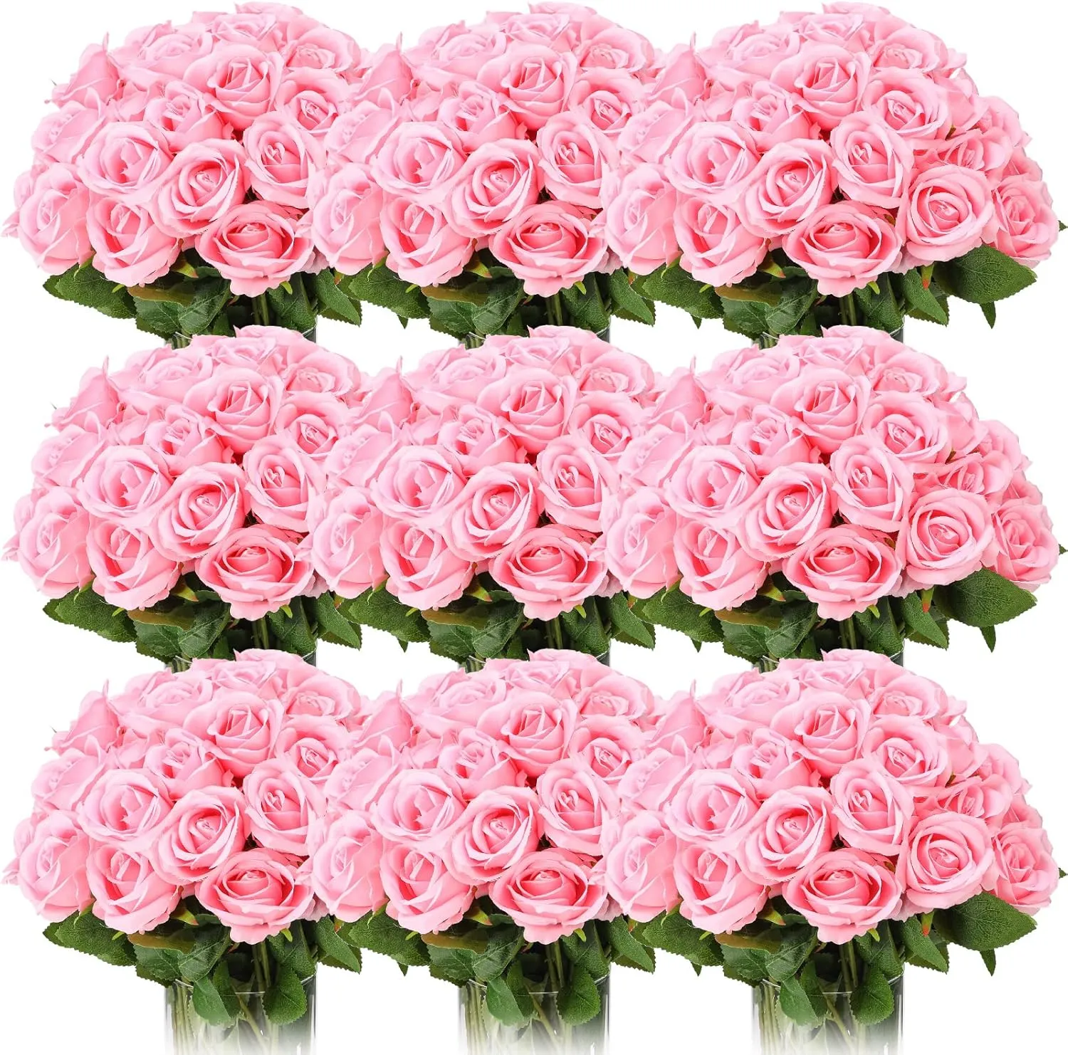 Jexine 100 Pieces Artificial Roses Flowers Bulk, Long Stem Realistic Fake Silk Roses Bouquet for Table Centerpiece Vases Wedding Party Home Kitchen Decor (Pink)