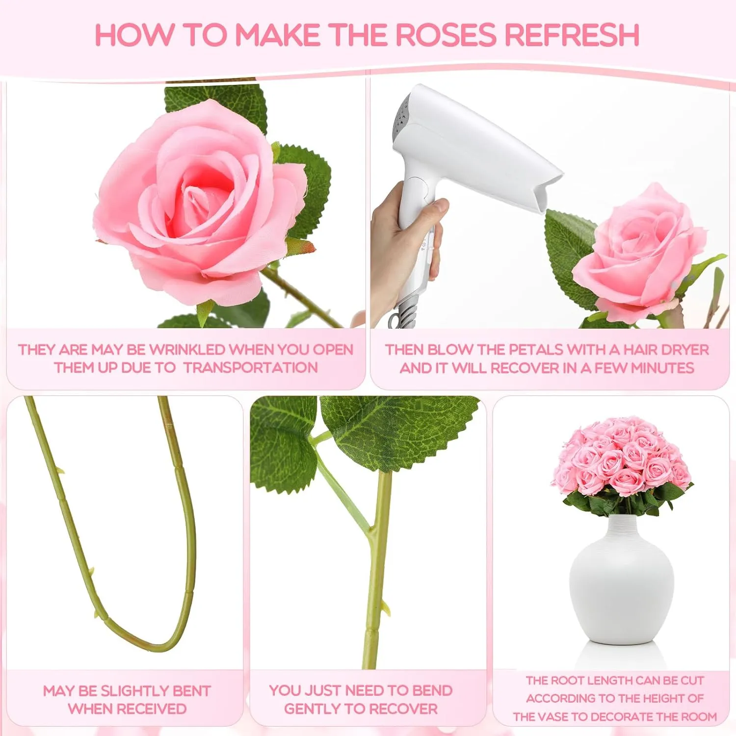 Jexine 100 Pieces Artificial Roses Flowers Bulk, Long Stem Realistic Fake Silk Roses Bouquet for Table Centerpiece Vases Wedding Party Home Kitchen Decor (Pink)