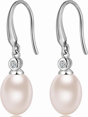 Jiamiaoi Pearl Earrings for Women 925 Sterling Silver Hook Earrings Dangle Drop Pearl Earrings Silver Drop Earrings for Women, Come with Gift Box