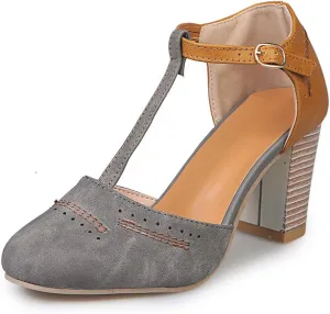 JITUUE Mary Jane Pumps Chunky Heels for Women Round Toe T-Strap Sandals Summer Oxford Shoes with Hollow