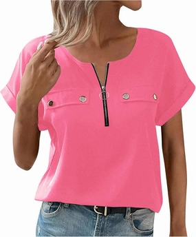 JOAU Women's Zip Front Crew Neck Shirts Dressy Casual Loose Rolled Short Sleeve Blouse Lightweight Elegant Work Tunic Top