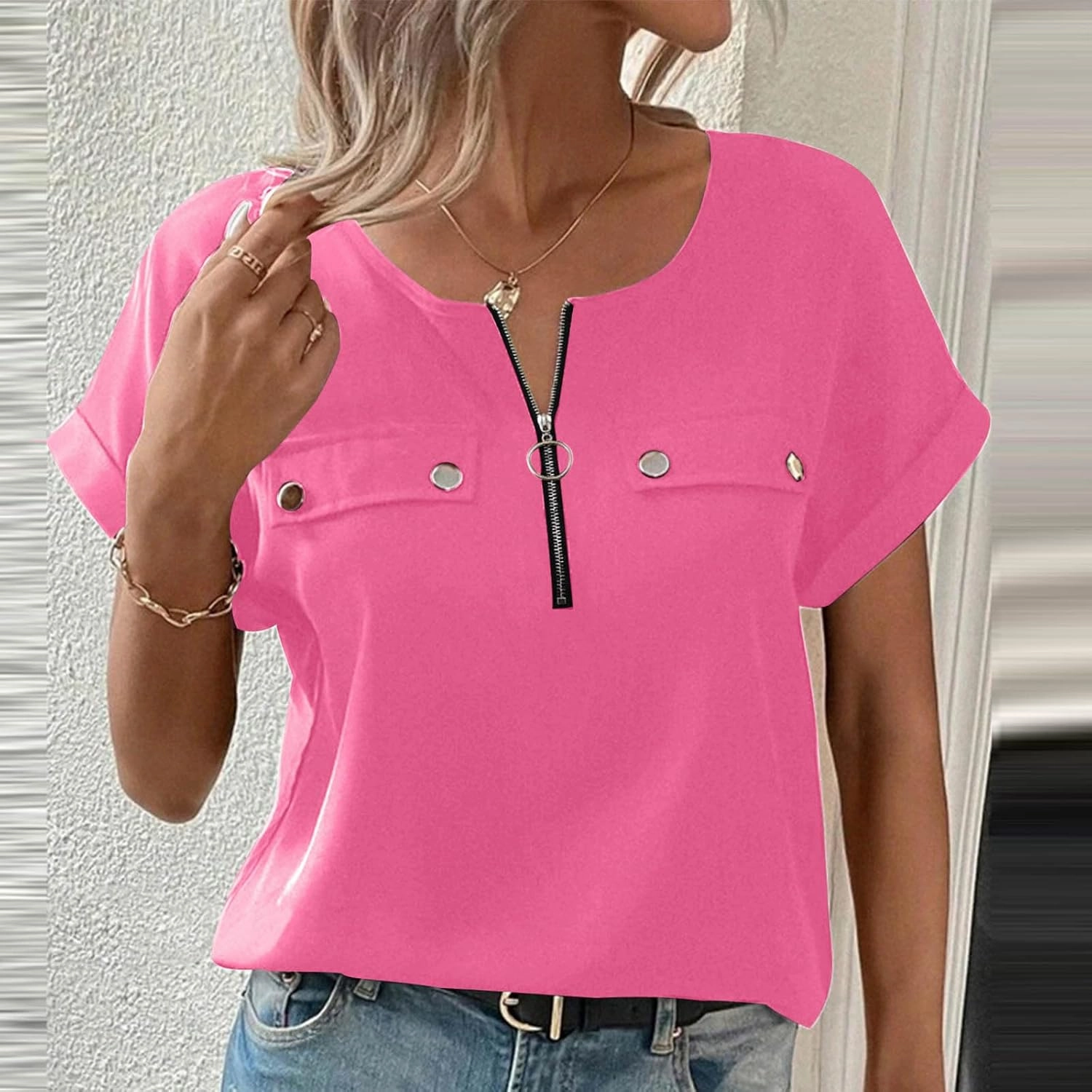 JOAU Women's Zip Front Crew Neck Shirts Dressy Casual Loose Rolled Short Sleeve Blouse Lightweight Elegant Work Tunic Top