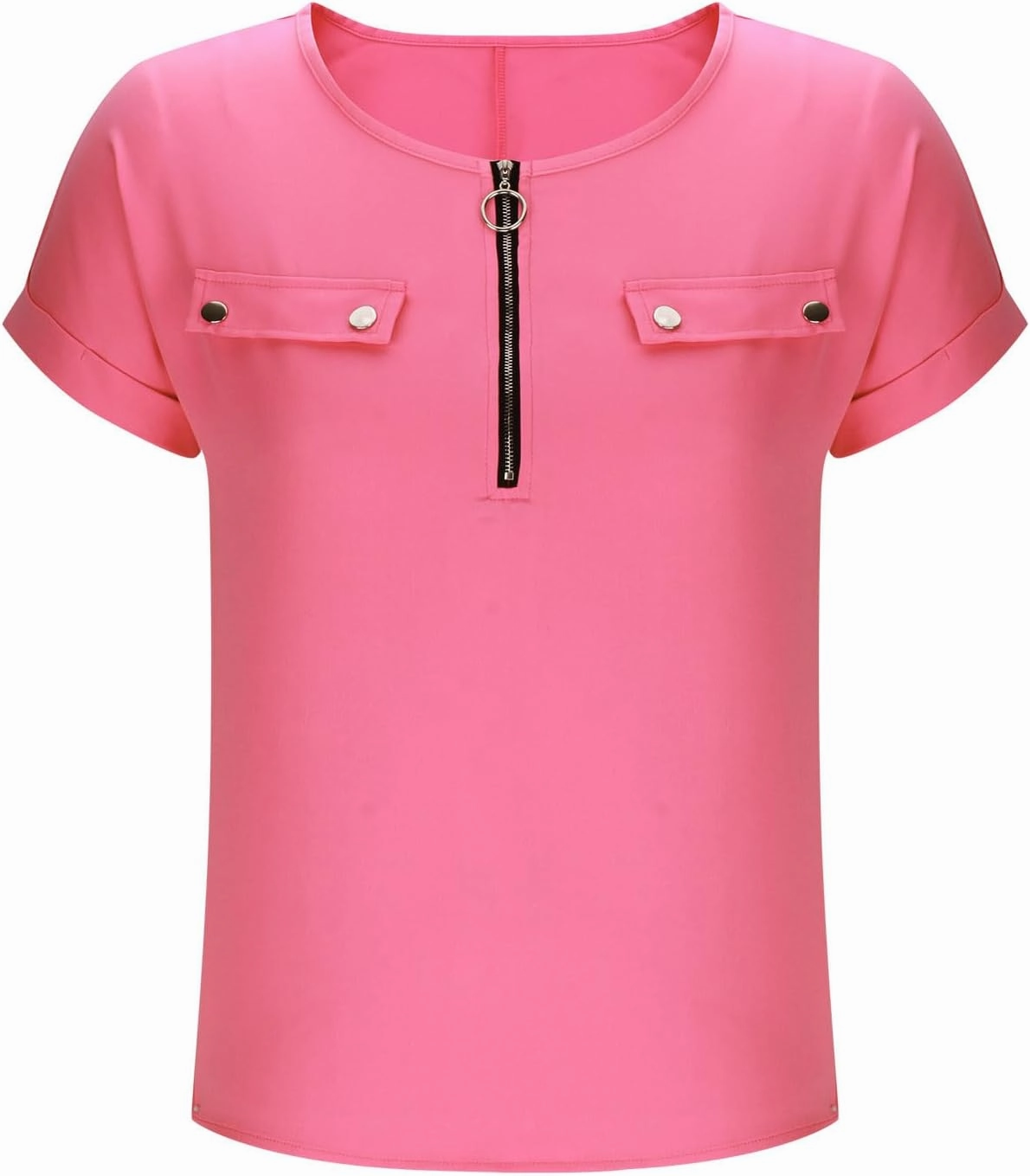 JOAU Women's Zip Front Crew Neck Shirts Dressy Casual Loose Rolled Short Sleeve Blouse Lightweight Elegant Work Tunic Top