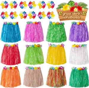 jollylife 12PCS Hawaiian Luau Hula Skirts   12PCS Wristbands - Hibiscus Flowers Birthday Tropical Party Decorations Favors Supplies