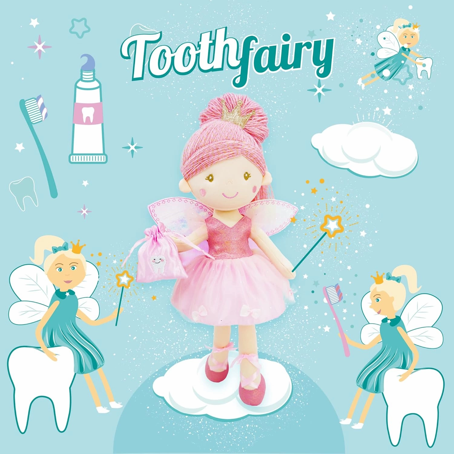 June Garden 17" Tooth Fairy Doll Anastasia - Plush Stuffed Soft Doll Girl Gift - Pink Outfit and Wings