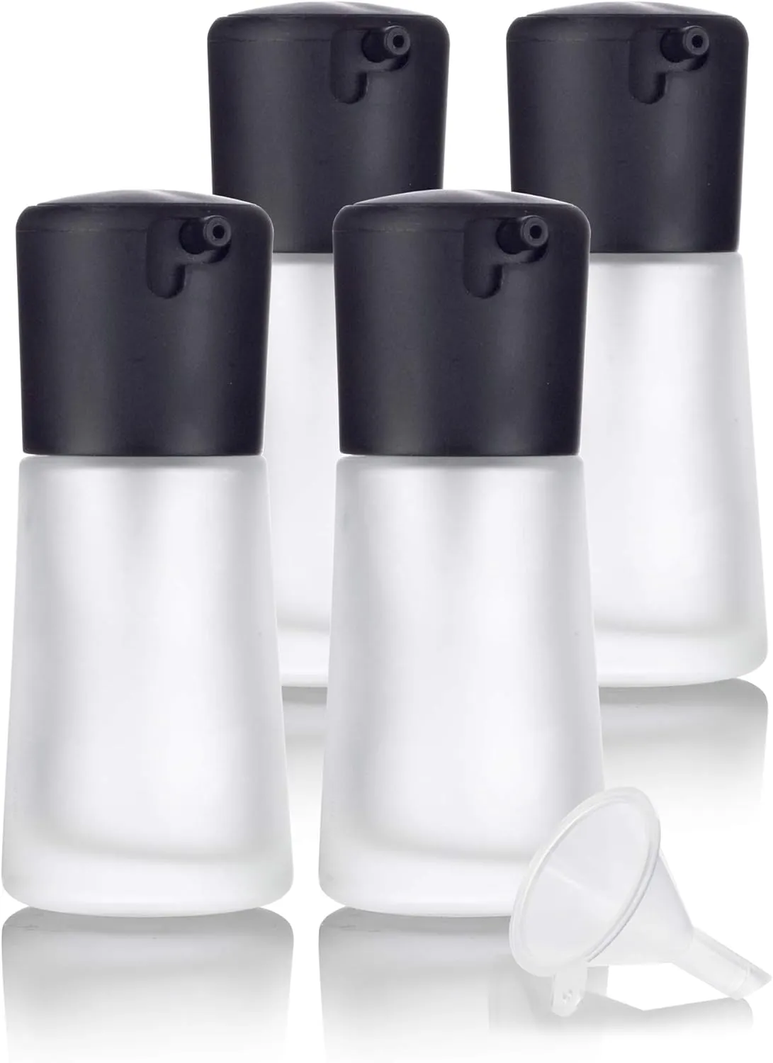 JUVITUS 1 oz / 30 ml Frosted Glass Foundation Bottle with Lock Pump Cap - 4 PACK   Funnel for foundations, creams, lotions, serums, and more