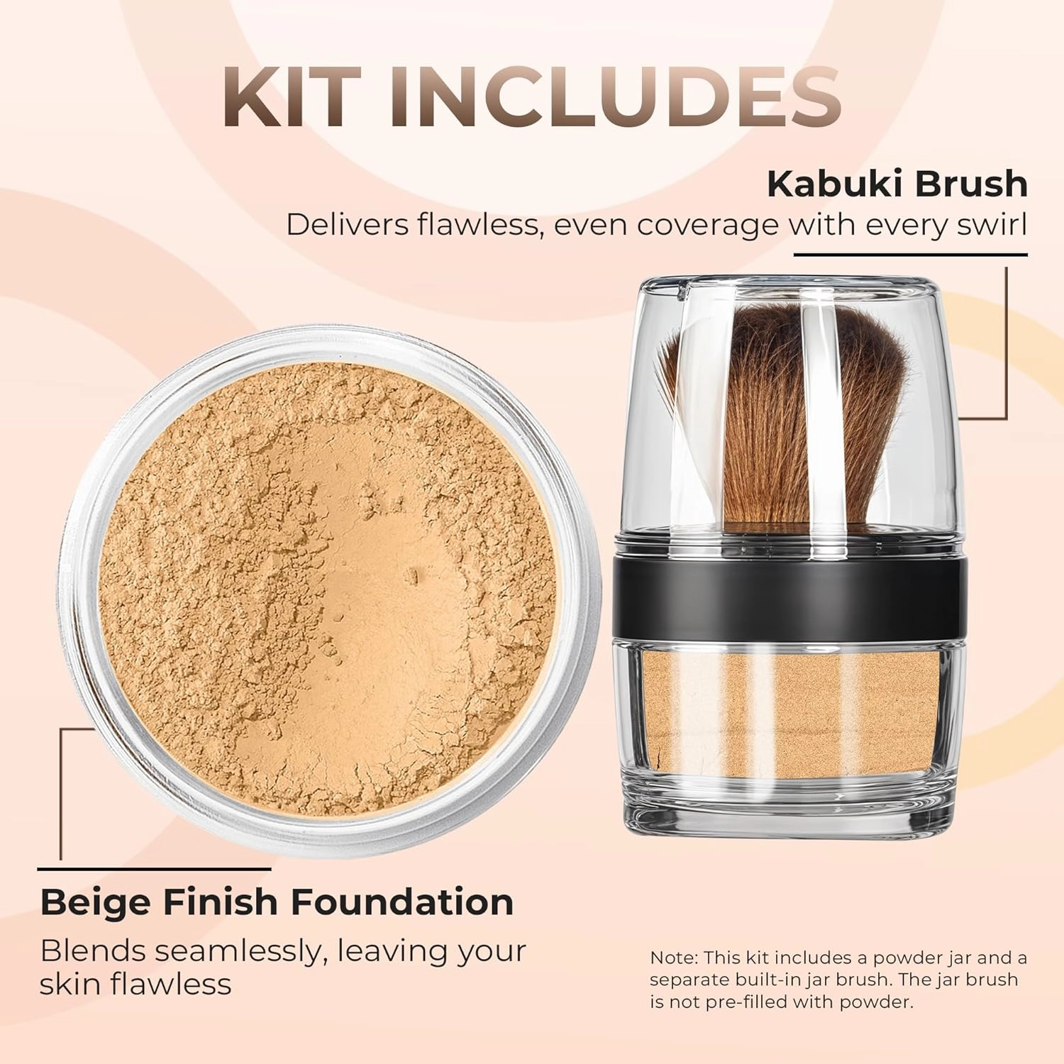 KABUKI JAR BRUSH & FOUNDATION (BEIGE) Kit Mineral Makeup Full Size Set Bare Face Matte Sheer Powder Cover