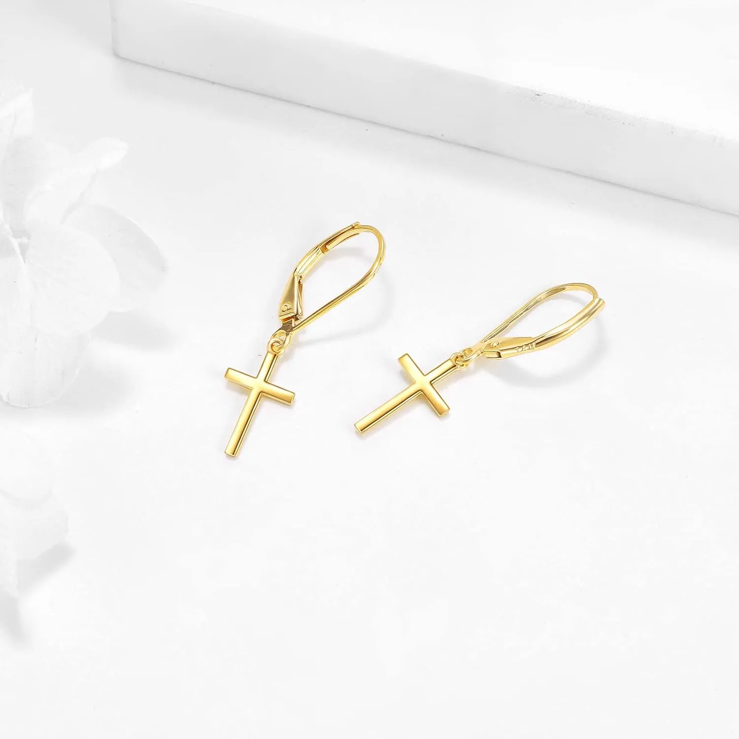 KECHO 14k Solid Gold Cross Earrings for Women Heart Leverback Dangle Drop Earrings Jewelry Birthday Gifts for Her