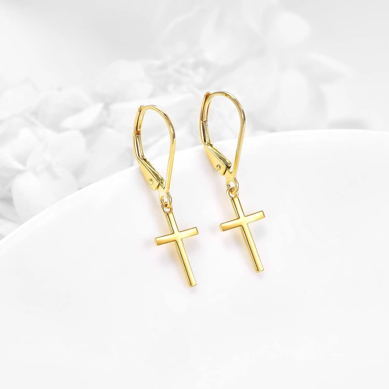 KECHO 14k Solid Gold Cross Earrings for Women Heart Leverback Dangle Drop Earrings Jewelry Birthday Gifts for Her