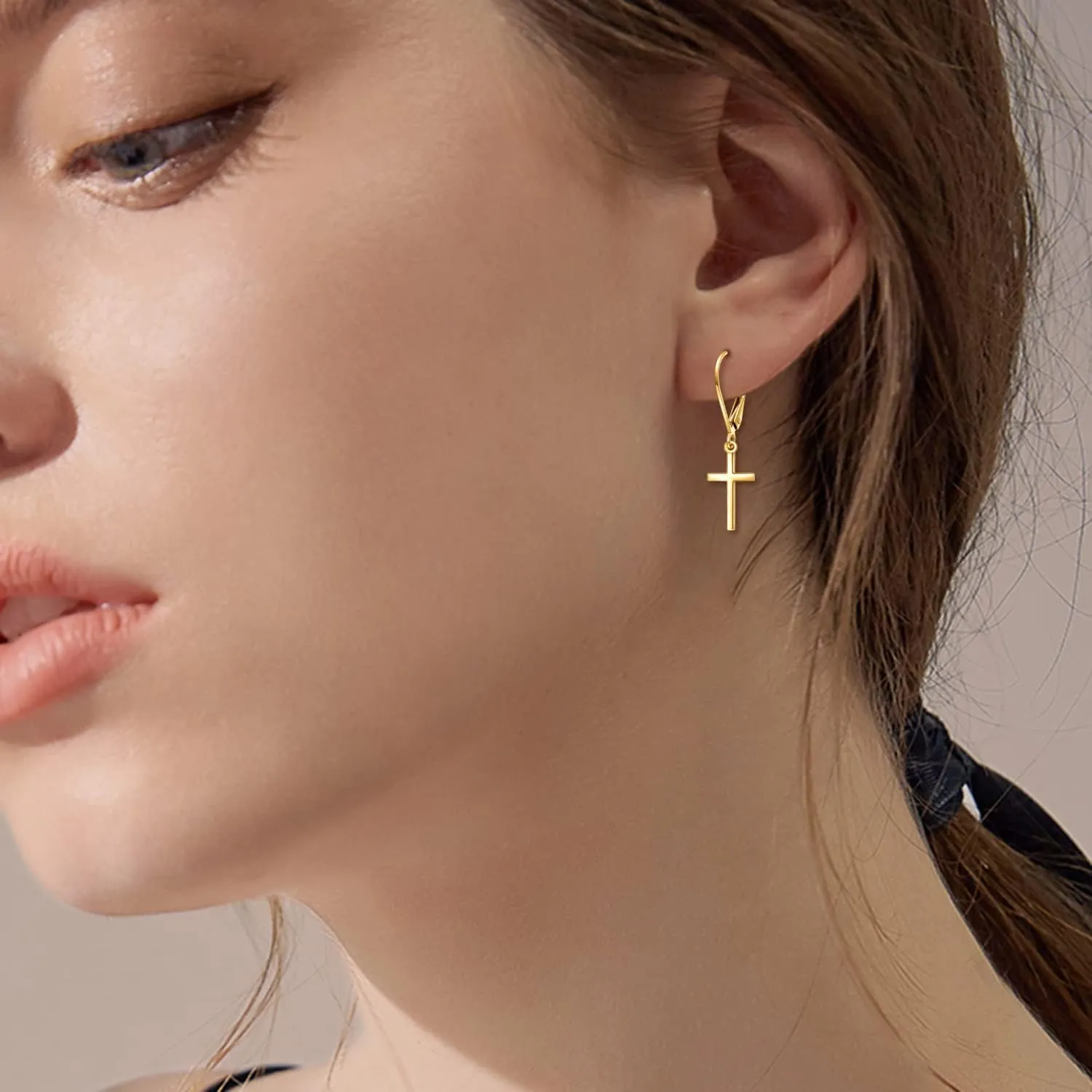 KECHO 14k Solid Gold Cross Earrings for Women Heart Leverback Dangle Drop Earrings Jewelry Birthday Gifts for Her