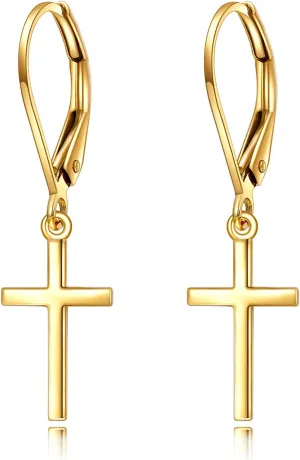 KECHO 14k Solid Gold Cross Earrings for Women Heart Leverback Dangle Drop Earrings Jewelry Birthday Gifts for Her