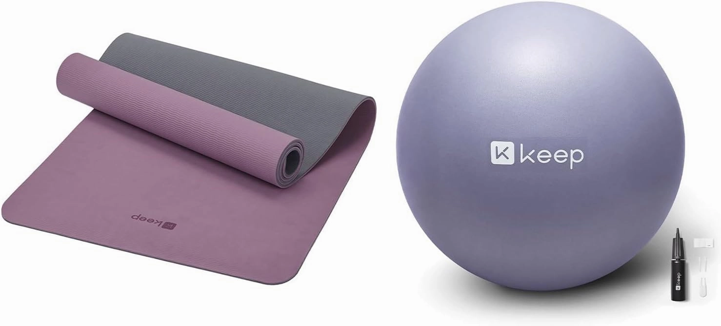 KEEP Yoga Mat Non Slip, Hot Yoga Mat for Women, 72"x24" Double-Color Exercise mat & KEEP Anti-Burst Exercise Ball, Thickened Yoga Ball with Pump