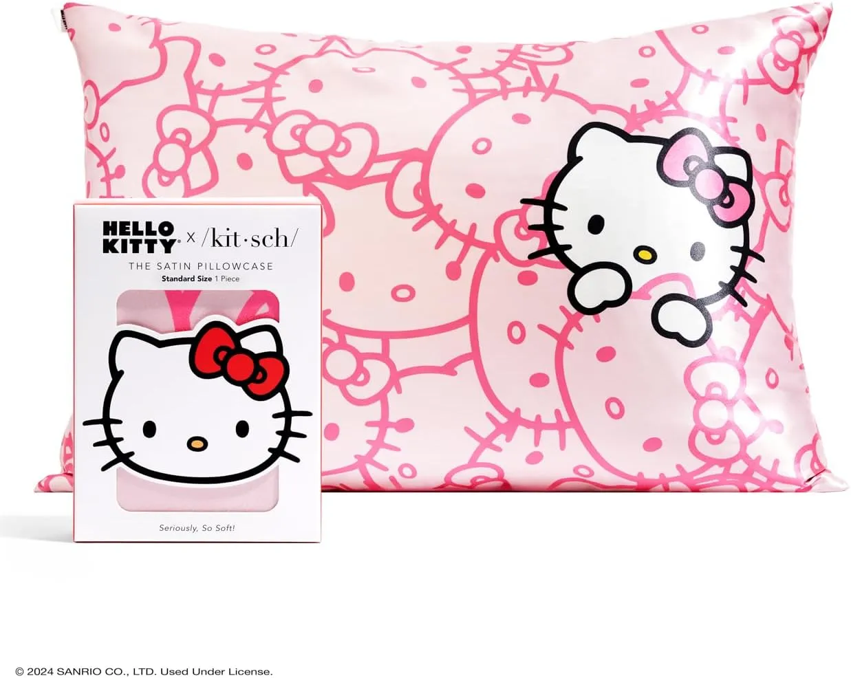 Kitsch x Hello Kitty (Pink Kitty Faces) - Satin Pillowcase with Zipper for Hair and Skin, Softer Than Silk Pillow Case, Cooling Pillow Cover, Machine Washable, Queen/Standard (19x26)