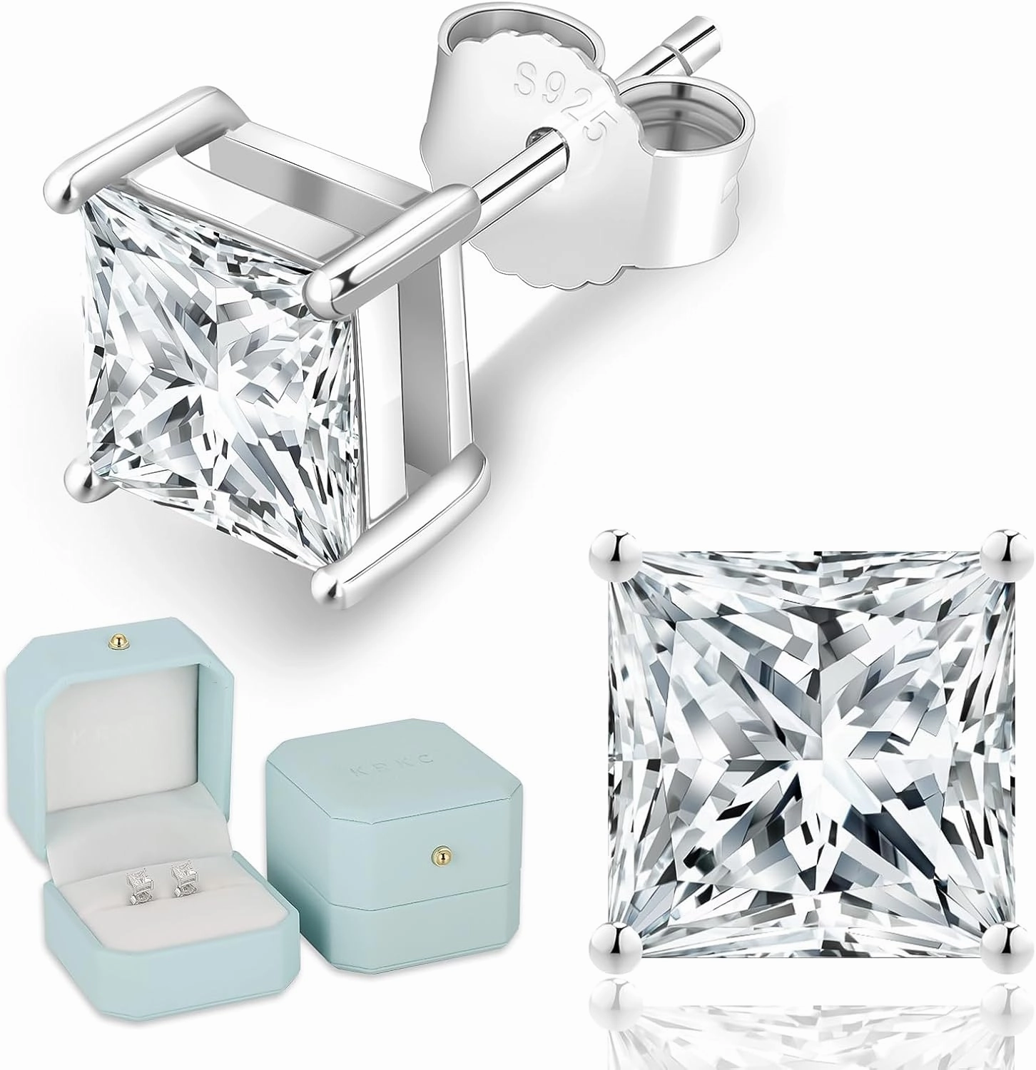 KRKC 0.6-3ct Princess Cut Moissanite Stud Earrings for Women, D Color VVS1 Clarity Lab Created Diamond Solitaire 14K White Gold Hypoallergenic Vermeil S925 Sterling Silver Earrings Women Men