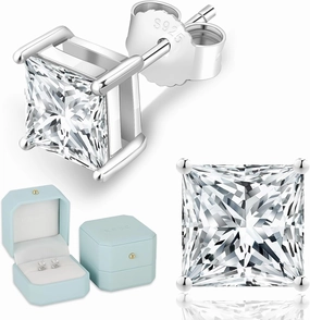 KRKC 0.6-3ct Princess Cut Moissanite Stud Earrings for Women, D Color VVS1 Clarity Lab Created Diamond Solitaire 14K White Gold Hypoallergenic Vermeil S925 Sterling Silver Earrings Women Men