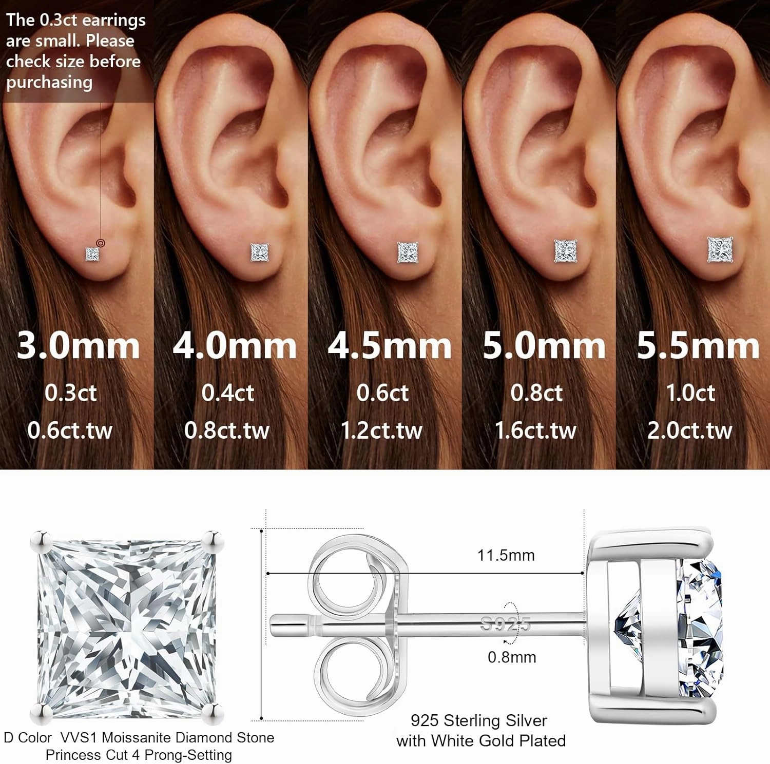 KRKC 0.6-3ct Princess Cut Moissanite Stud Earrings for Women, D Color VVS1 Clarity Lab Created Diamond Solitaire 14K White Gold Hypoallergenic Vermeil S925 Sterling Silver Earrings Women Men