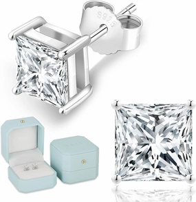 KRKC 0.6-3ct Princess Cut Moissanite Stud Earrings for Women, D Color VVS1 Clarity Lab Created Diamond Solitaire 14K White Gold Hypoallergenic Vermeil S925 Sterling Silver Earrings Women Men