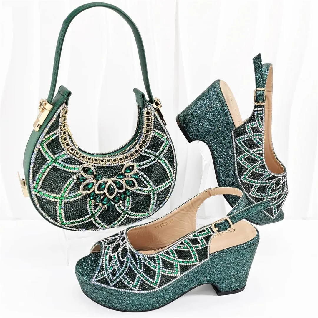 Ladies' High-End Imitation Diamond Pointed High-Heeled Shoes with Hollowed Out Design Evening Bag in Silver Color