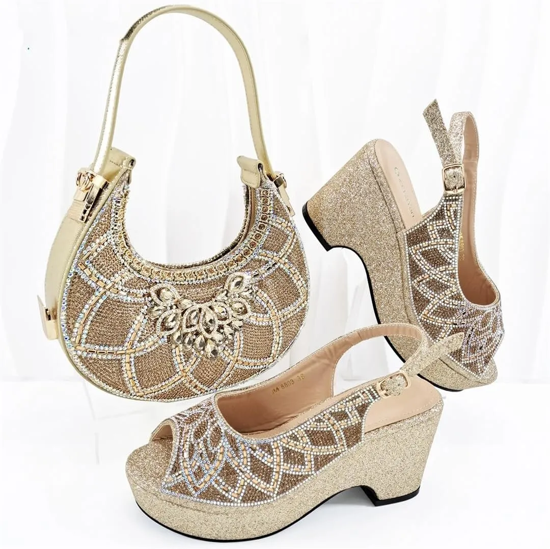 Ladies' High-End Imitation Diamond Pointed High-Heeled Shoes with Hollowed Out Design Evening Bag in Silver Color