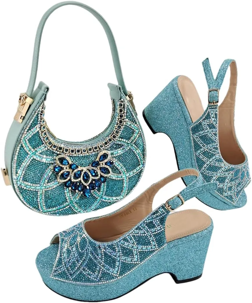 Ladies' High-End Imitation Diamond Pointed High-Heeled Shoes with Hollowed Out Design Evening Bag in Silver Color