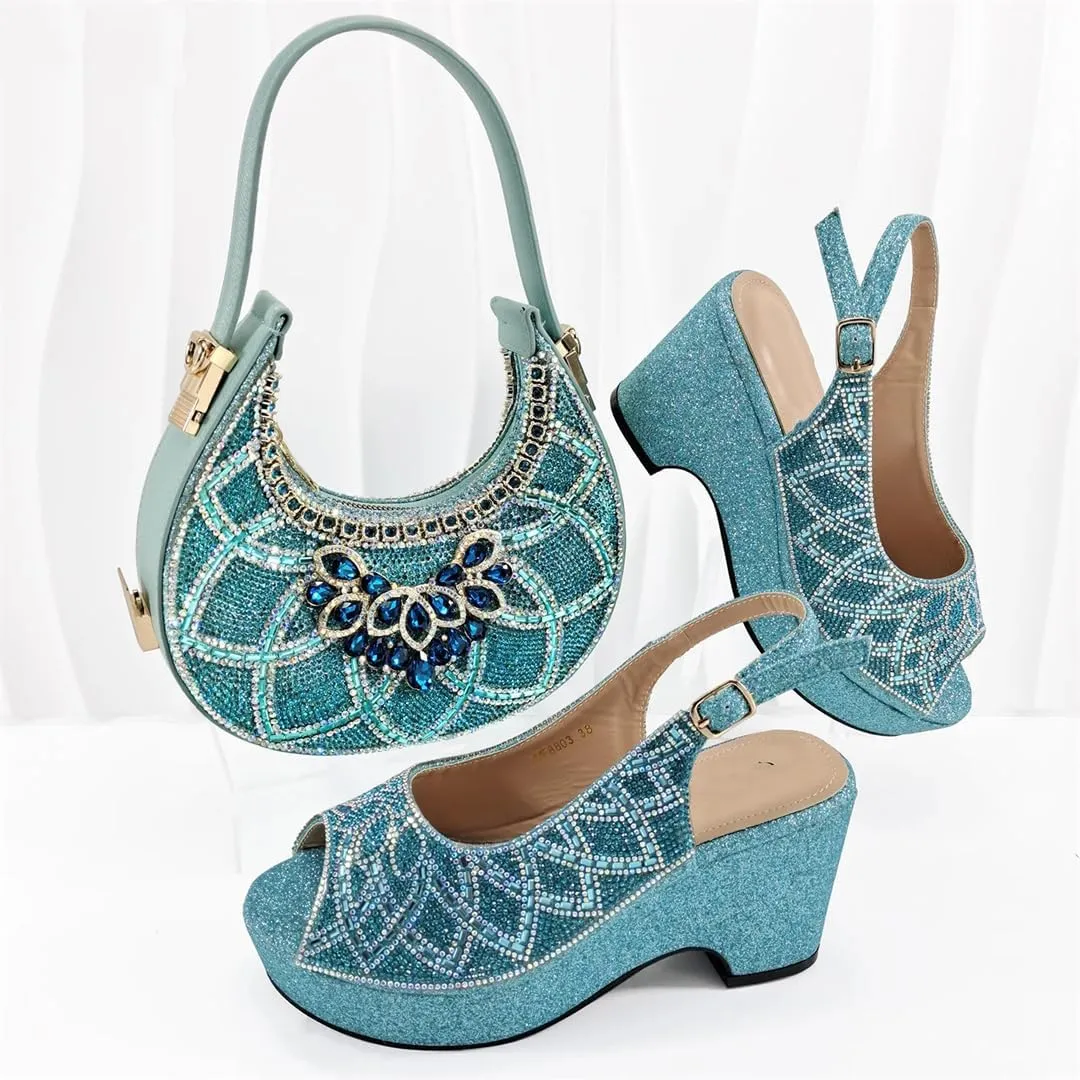 Ladies' High-End Imitation Diamond Pointed High-Heeled Shoes with Hollowed Out Design Evening Bag in Silver Color