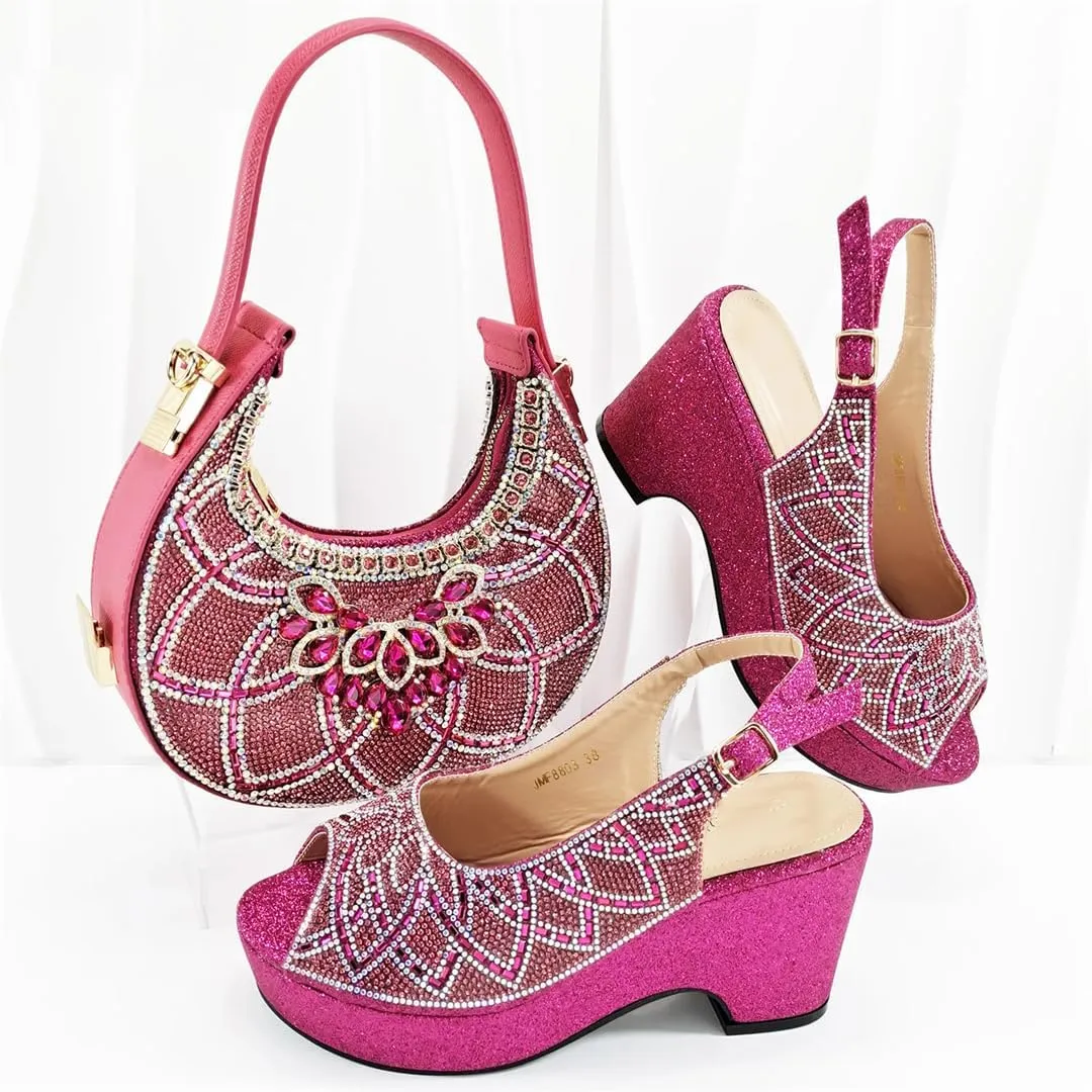 Ladies' High-End Imitation Diamond Pointed High-Heeled Shoes with Hollowed Out Design Evening Bag in Silver Color
