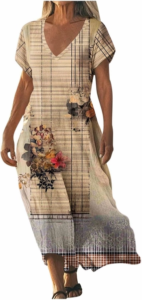 Ladies' Gradient Color Short Sleeve Maxi Dresses Flowy Beach Sundress with Side Pockets Lightweight Stretch Summer Dress