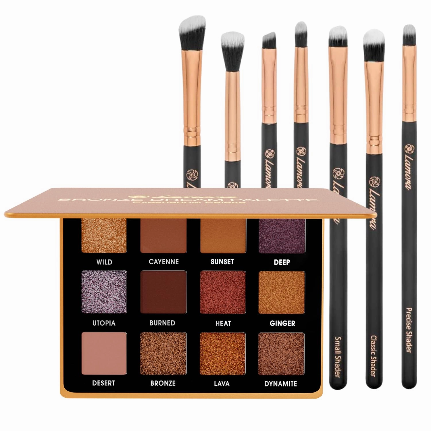 Lamora Bronze Smokey Eyeshadow Palette with Eyeshadow Brush Set (Rose Gold)