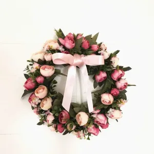 Landy 10-Inch Rose Flower Wreath with Bow, Peony Flowers Garland Wreath, Handmade Home Decoration for Wedding Christmas Party Valentine's Day, Rose Red