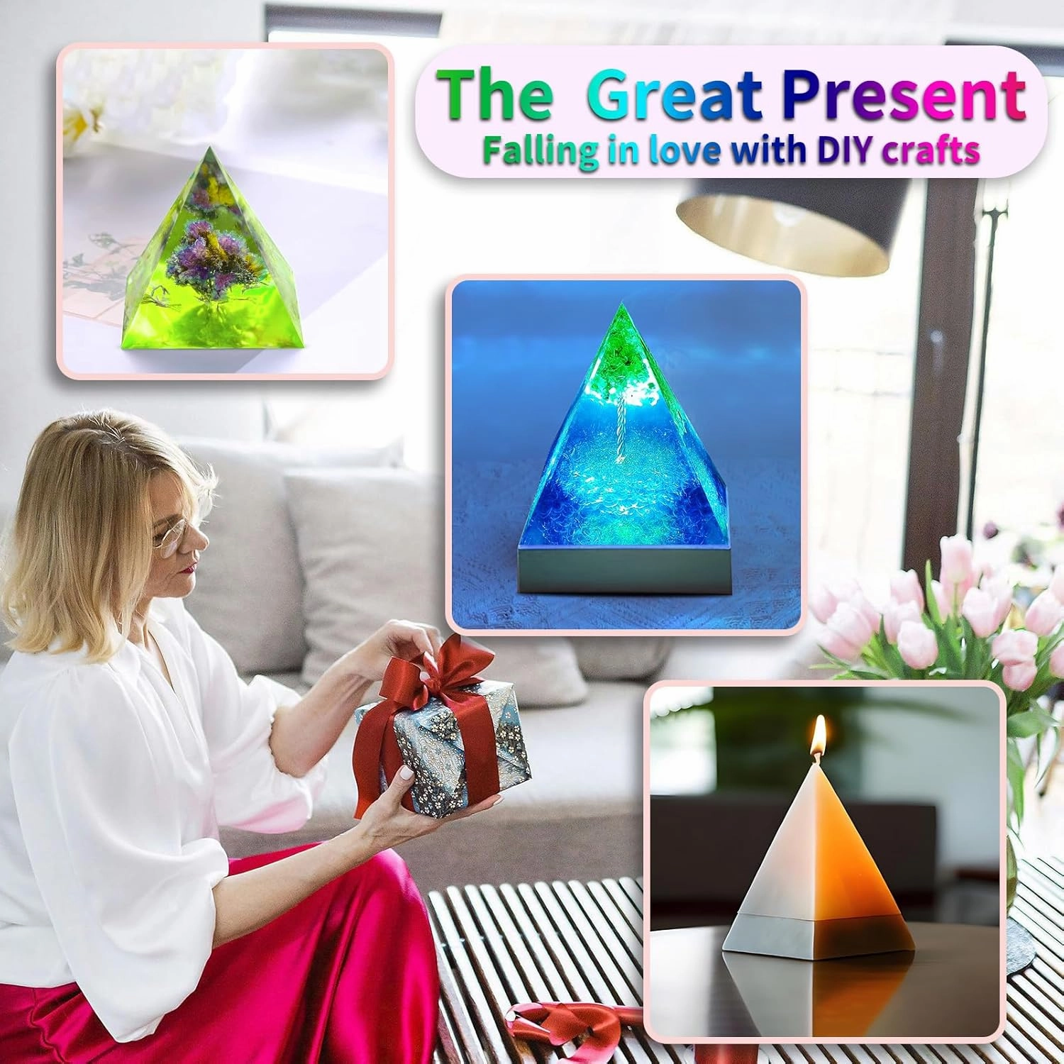 Large Pyramid Resin Molds Silicone,3 Pcs Inner Pyramid Molds 5"-7.4" for Epoxy Resin, 1 Pc Plastic Frame,for Epoxy Resin Crafts,Home Office Decoration,DIY