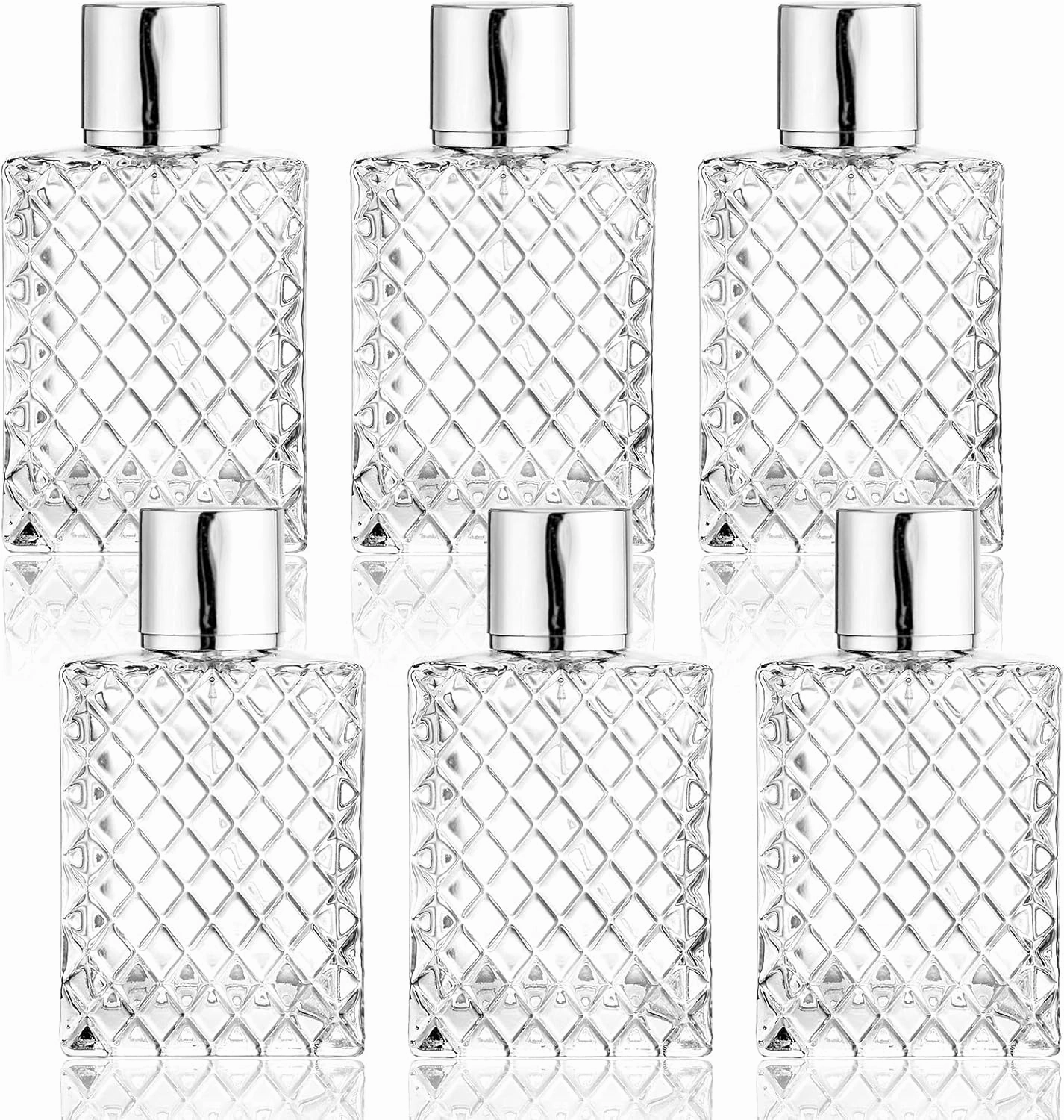 Lawei 6 Pack Refillable Spray Bottles Perfume Atomizer, 100ML 3.4oz Glass Empty Fine Mist Spray Bottle, Clear Portable Square Fragrance Dispenser Bottle with Sprayer for Travel, Silver
